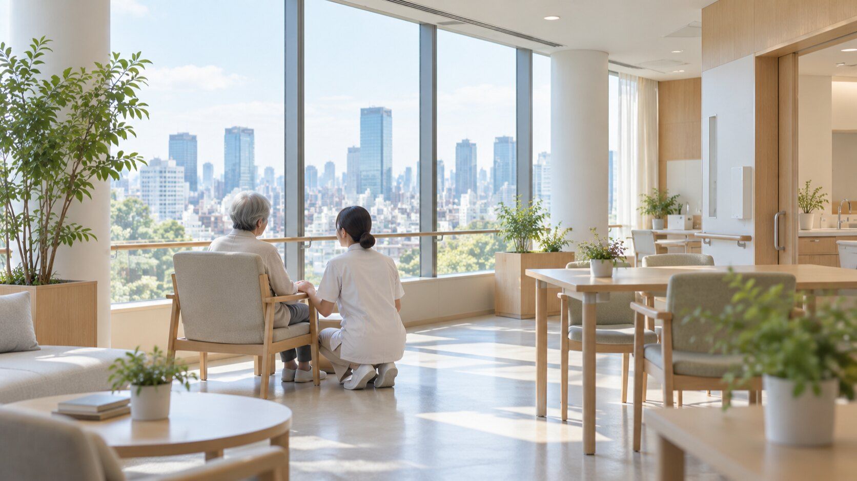 A care worker kneels beside an older resident by the window of a bright day room above the city