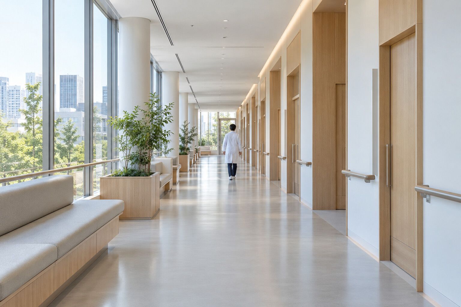 A clinician walking down a bright, modern hospital corridor