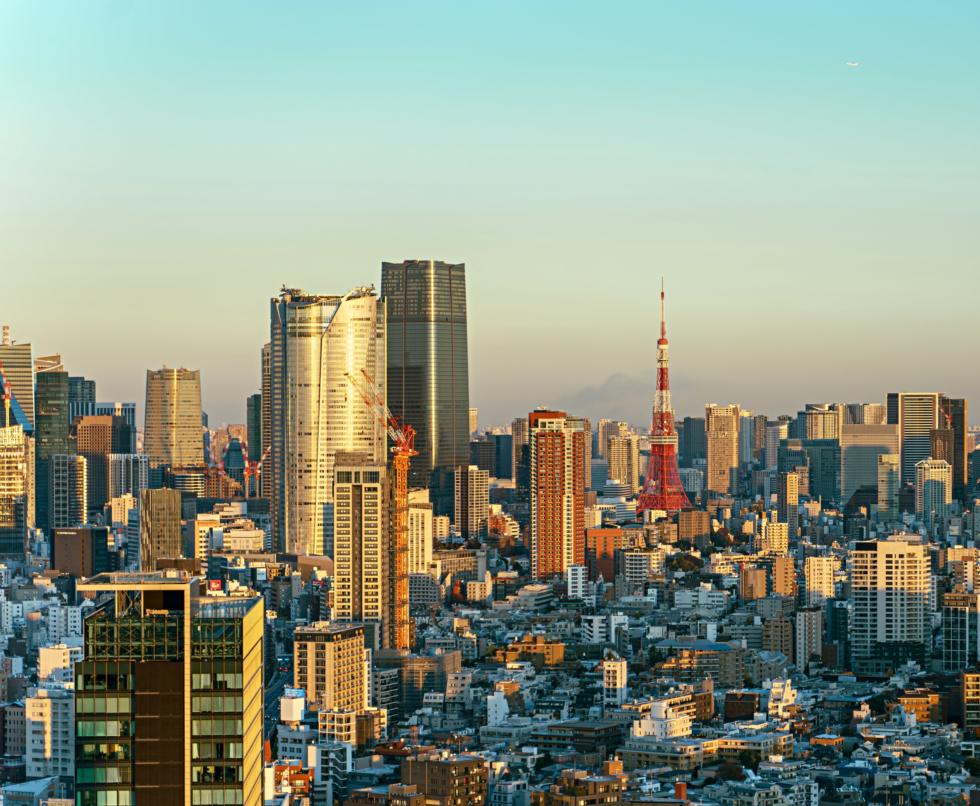 Office towers in Roppongi and Toranomon in late afternoon sun, with Tokyo Tower behind them